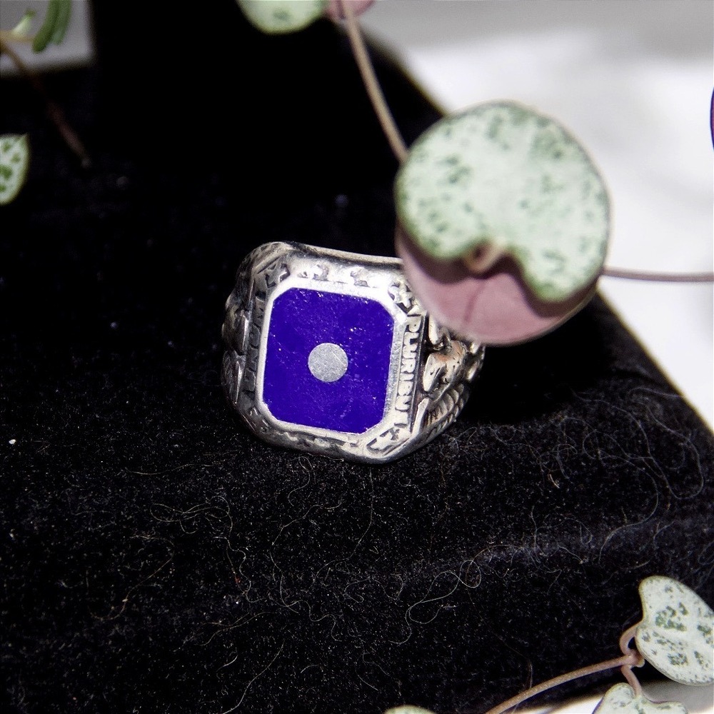 Vintage Sterling Silver US Army Class Ring Purple Enamel Eagle Signet Size 11.75